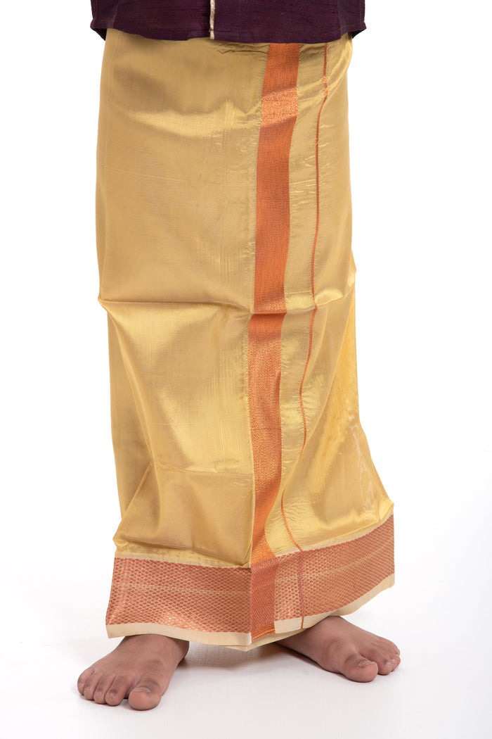 The Nesavu Boys Vesti Classic Greenish Gold Boys Dhoti with Rustic Maroon Trim Nesavu 14 (6M) / Gold / Blend Silk D009C-14 Elegant Boys Dhoti in Greenish Gold | The Nesavu