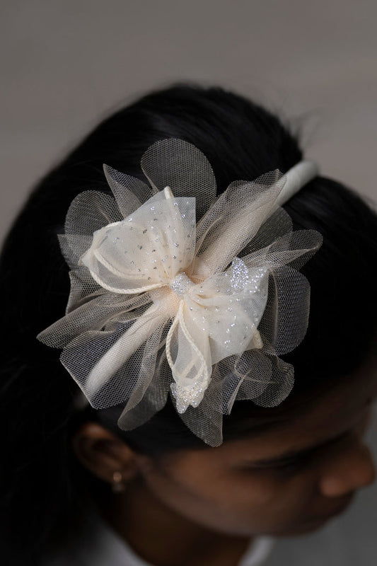 The Nesavu Hair Band Classic Ivory Sparkle Tulle Hairbow on Chic Hairband Nesavu Half white JHB76D Ivory Tulle Hairbow with Sparkle Detail | Elegant Accessory for Everyday Glamour | The Nesavu