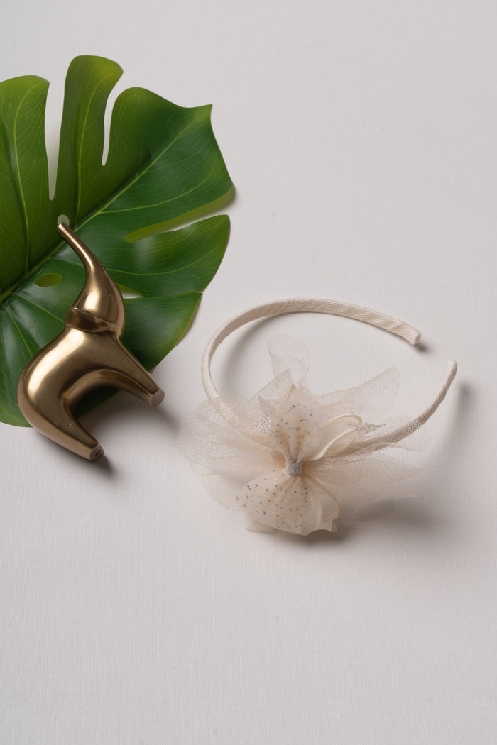 The Nesavu Hair Band Classic Ivory Sparkle Tulle Hairbow on Chic Hairband Nesavu Half white JHB76D Ivory Tulle Hairbow with Sparkle Detail | Elegant Accessory for Everyday Glamour | The Nesavu