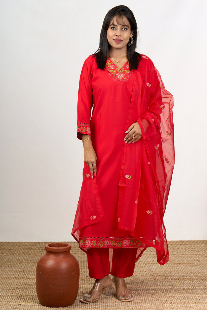 The Nesavu Womens Straight Suit Sets Classy Art Silk Straight Suit Set with Delicate Embroidery for Women Nesavu 38 (M) / Red WTH075A-38 Classy Art Silk Straight Suit Set Festive Functions Embroidery - | The Nesavu