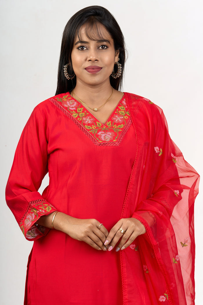The Nesavu Womens Straight Suit Sets Classy Art Silk Straight Suit Set with Delicate Embroidery for Women Nesavu Classy Art Silk Straight Suit Set Festive Functions Embroidery - | The Nesavu