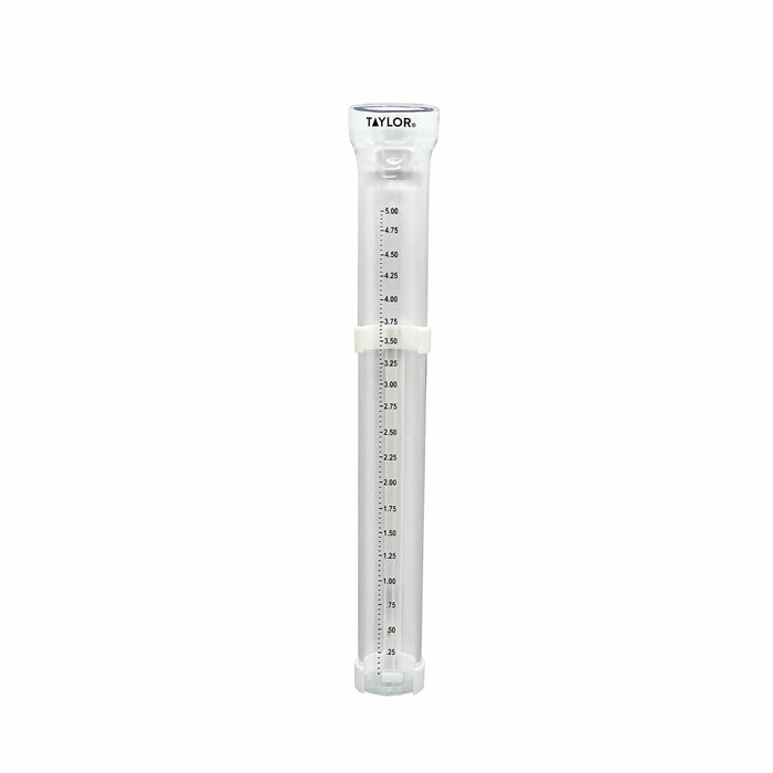 Close up of ClearVu rain gauge with Taylor logo on the cap and measurement marks along the transparent tube
