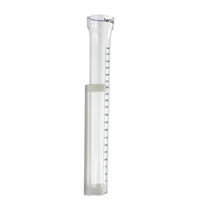 Taylor ClearVu rain gauge mounted on a wooden post with visible measurement marks and liquid level
