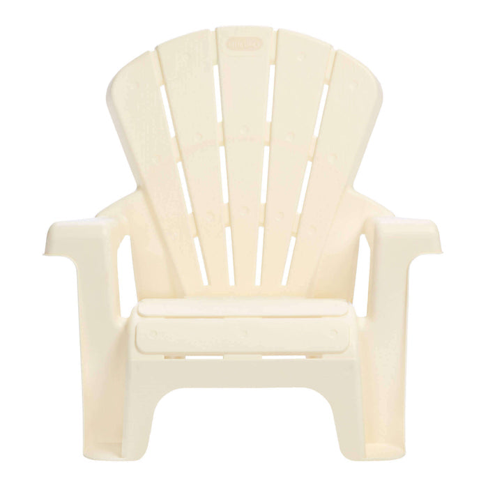 A white plastic Adirondack chair with a wide slatted back and armrests, shown against a plain white background.