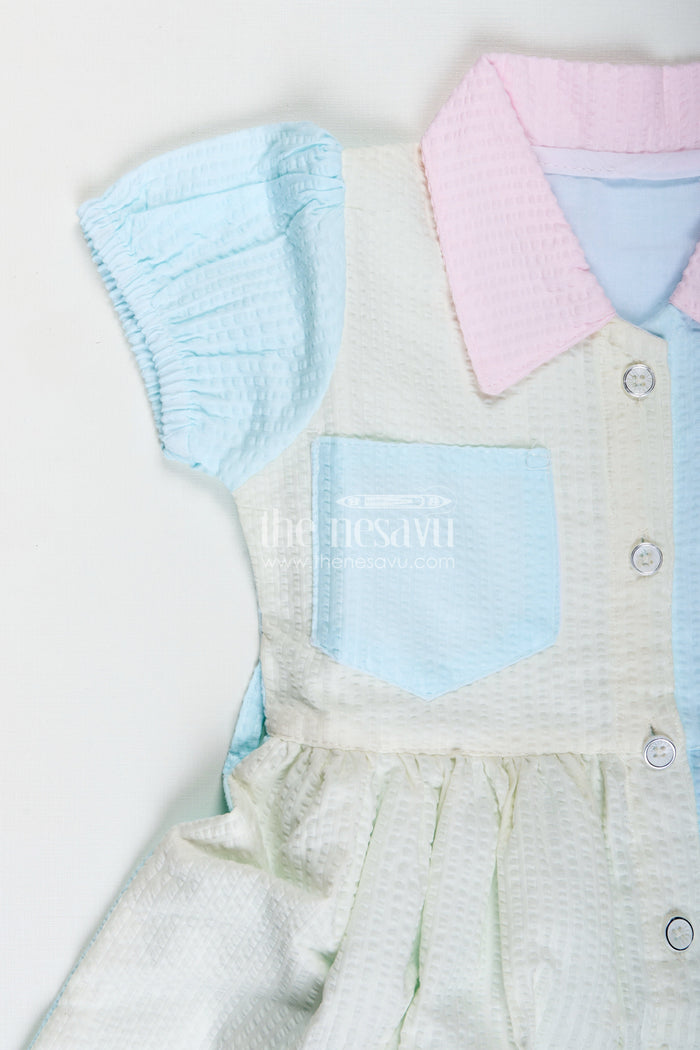 The Nesavu Girls Cotton Frock Colorblock Cotton Frock for Girls School Day Outfit Nesavu Nesavu Seersucker Cotton Tunic Frock Girls Smart Collar Color Blocks School