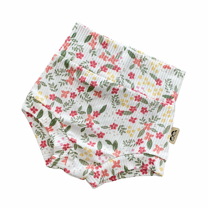 Colorful Dainty Flowers on White Ribbed Bummies
