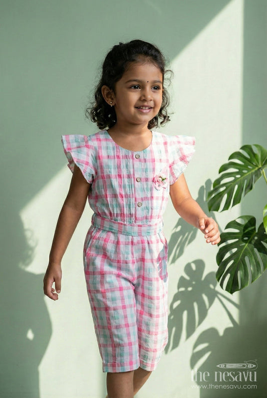 The Nesavu Girls Dungarees Comfortable Baby Casual Set Playsuit for Everyday Wear Nesavu 18 (2Y) / Multicolor GFC1840B-18 Nesavu Green Checked Cotton Ethnic Playsuit Girls Dupatta Floral Applique