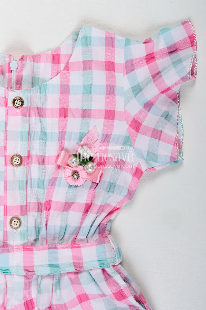 The Nesavu Girls Dungarees Comfortable Baby Casual Set Playsuit for Everyday Wear Nesavu Nesavu Green Checked Cotton Ethnic Playsuit Girls Dupatta Floral Applique