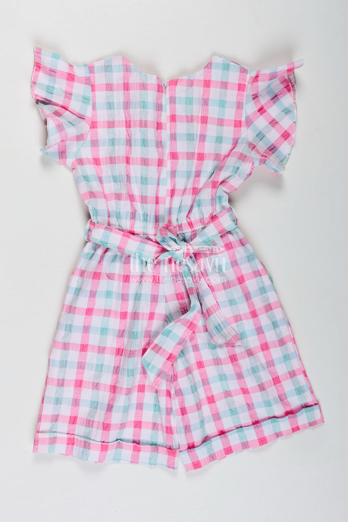 The Nesavu Girls Dungarees Comfortable Baby Casual Set Playsuit for Everyday Wear Nesavu Nesavu Green Checked Cotton Ethnic Playsuit Girls Dupatta Floral Applique