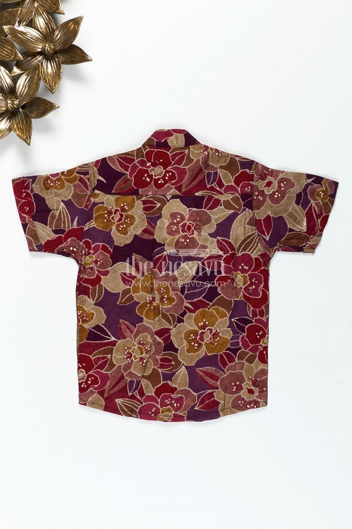 The Nesavu Boys Cotton Shirt Comfortable Shirt for Toddler Boys with Floral Digital Print in Maroon and Mustard Tones for Everyday Ease Nesavu Nesavu Toddler Boys Comfortable Cotton Shirt Bold Floral Digital Print Everyday Wear