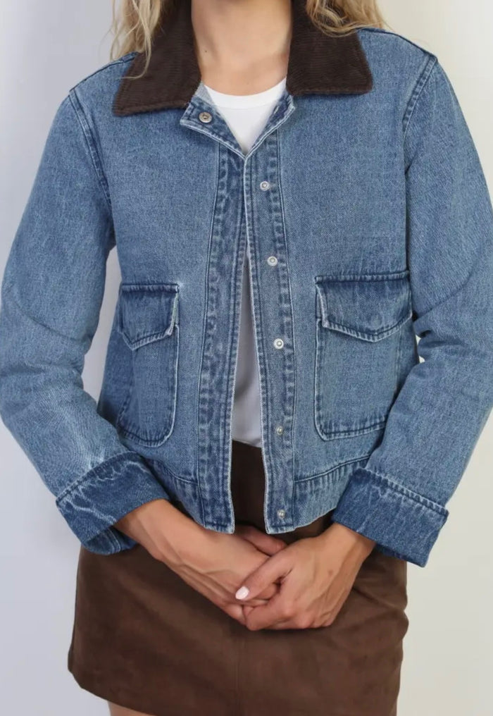 Corduroy Collar Denim Jacket - Blue/Brown