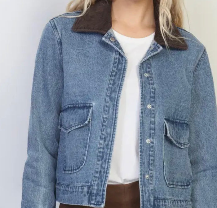 Corduroy Collar Denim Jacket - Blue/Brown