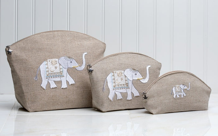 Cosmetic Bag, Natural Linen (Large), Charming Elephant (Beige)