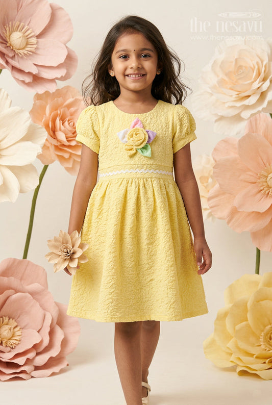 The Nesavu Girls Cotton Frock Cotton Baby Frock with Puff Sleeves and Flower Applique for Special Moments Nesavu 14 (6M) / Yellow / Popcorn GFC1904B-14 Nesavu Baby Girl Cotton Frock With Flower Applique Soft Everyday Wear For Birthdays And Family Outings