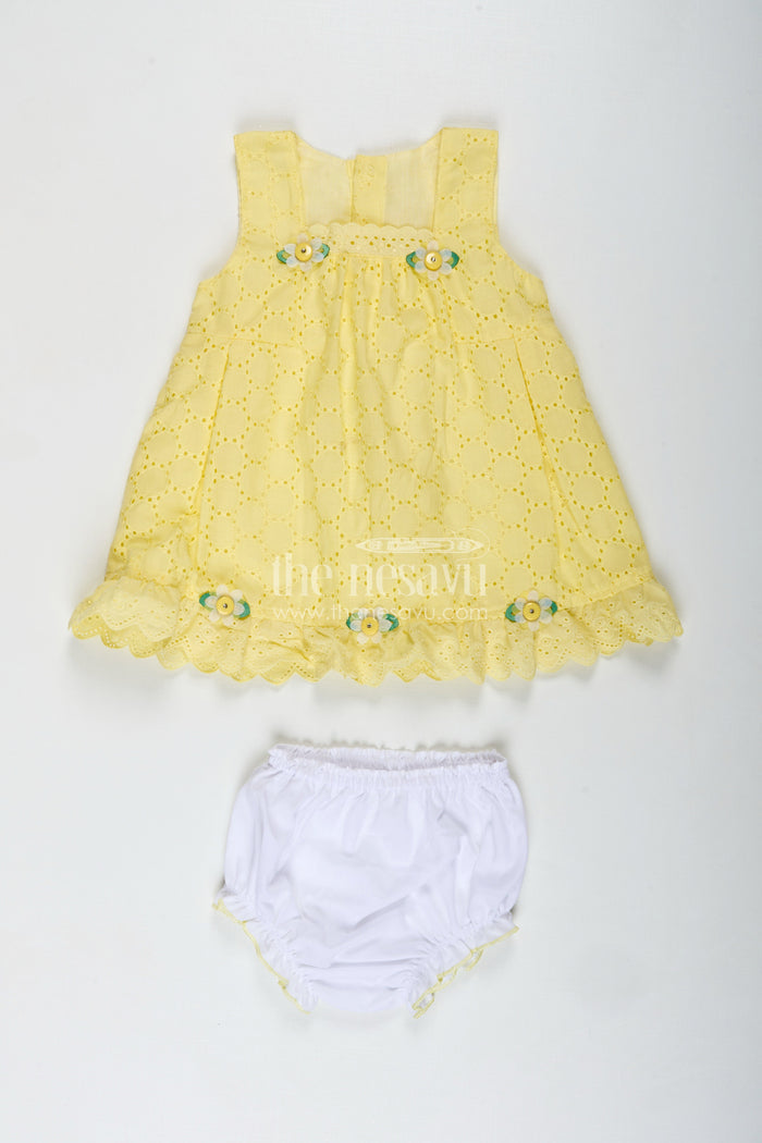 The Nesavu Baby Cotton Frocks Cotton Dress for Girls with Bloomer Dailywear Combo Nesavu 12 (3M) / Yellow BFJ815A-12 Nesavu Yellow Hakoba Girls Cotton Dress Bloomer Floral Appliqus Everyday Comfort