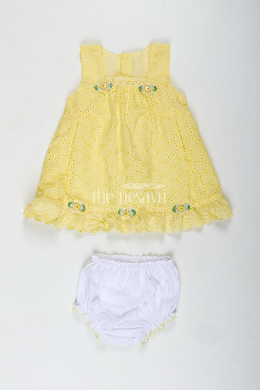 The Nesavu Baby Cotton Frocks Cotton Dress for Girls with Bloomer Dailywear Combo Nesavu 12 (3M) / Yellow BFJ815A-12 Nesavu Yellow Hakoba Girls Cotton Dress Bloomer Floral Appliqus Everyday Comfort
