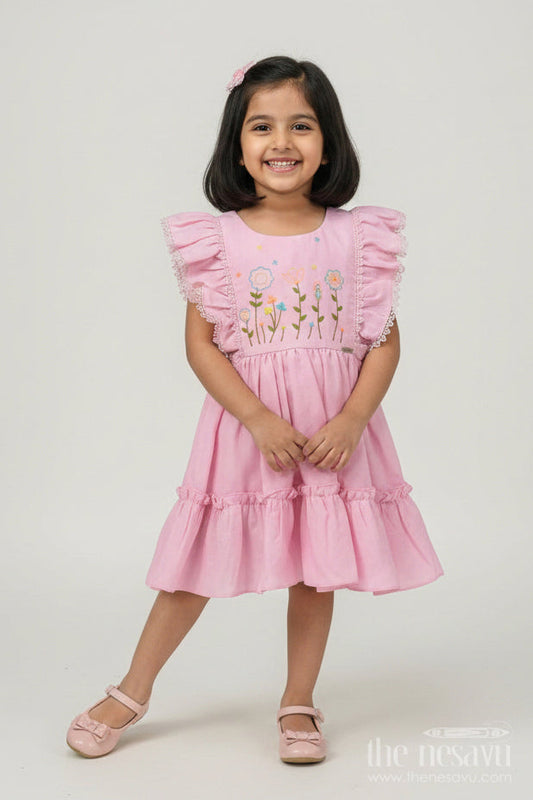 The Nesavu Baby Cotton Frocks Cotton Frock Baby in Light Pink with Floral Thread Embroidery and Ruffled Sleeves Nesavu 14 (6M) / Pink BFJ770A-14 Cotton Frock Baby Light Pink Floral Thread Embroidery Tiered Hem | The Nesavu