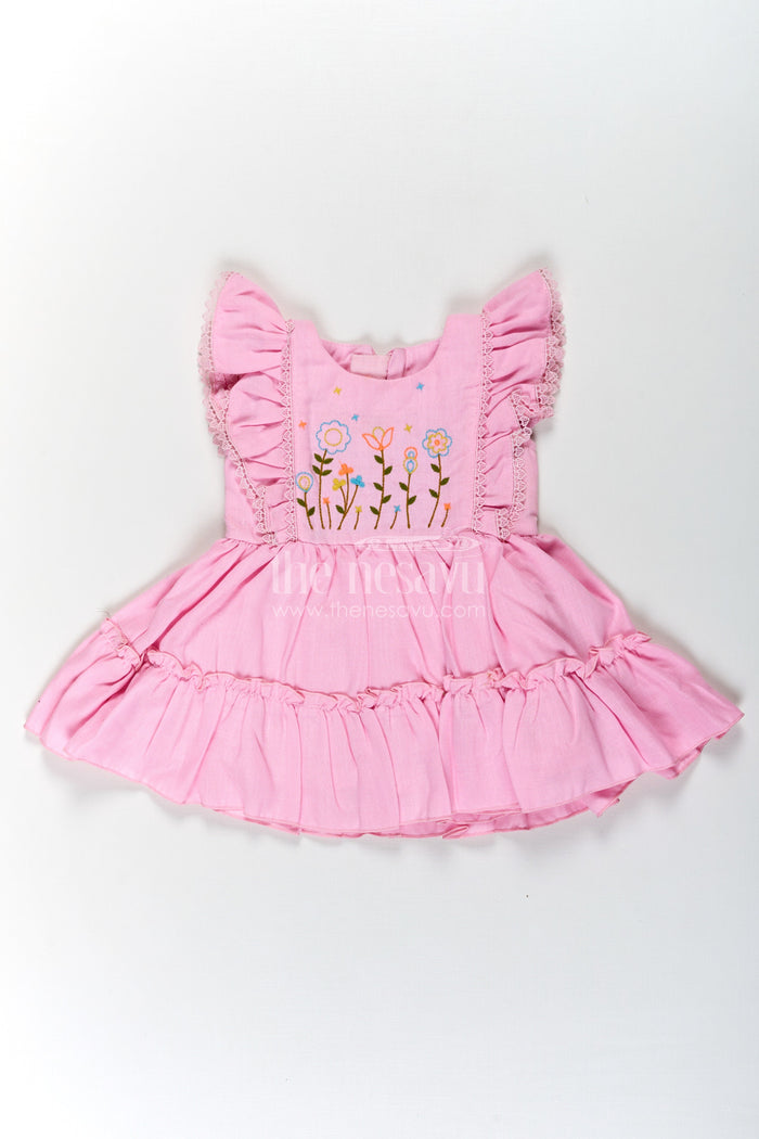 The Nesavu Baby Cotton Frocks Cotton Frock Baby in Light Pink with Floral Thread Embroidery and Ruffled Sleeves Nesavu 14 (6M) / Pink BFJ770A-14 Nesavu Cotton Frock Baby Light Pink Floral Thread Embroidery Tiered Hem
