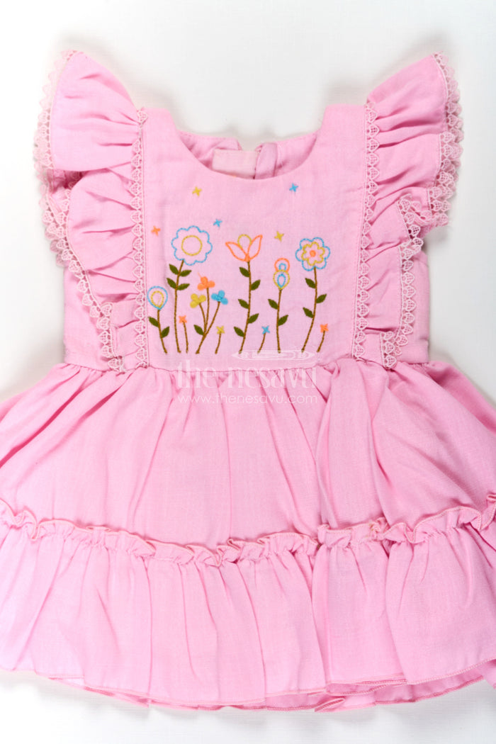 The Nesavu Baby Cotton Frocks Cotton Frock Baby in Light Pink with Floral Thread Embroidery and Ruffled Sleeves Nesavu Nesavu Cotton Frock Baby Light Pink Floral Thread Embroidery Tiered Hem