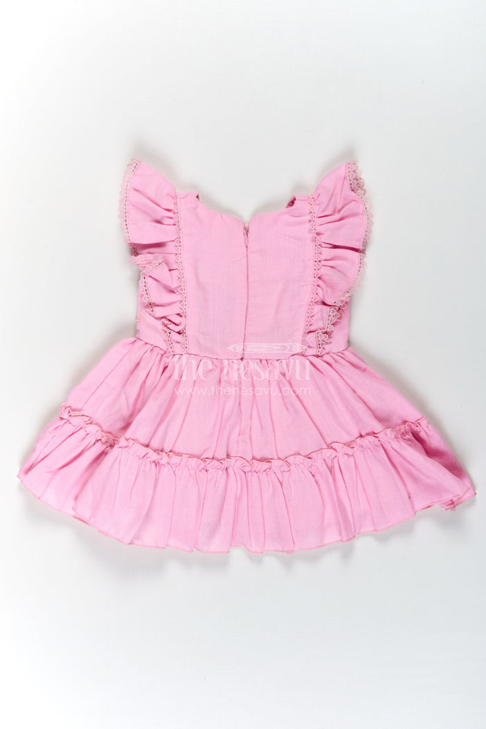 The Nesavu Baby Cotton Frocks Cotton Frock Baby in Light Pink with Floral Thread Embroidery and Ruffled Sleeves Nesavu Nesavu Cotton Frock Baby Light Pink Floral Thread Embroidery Tiered Hem