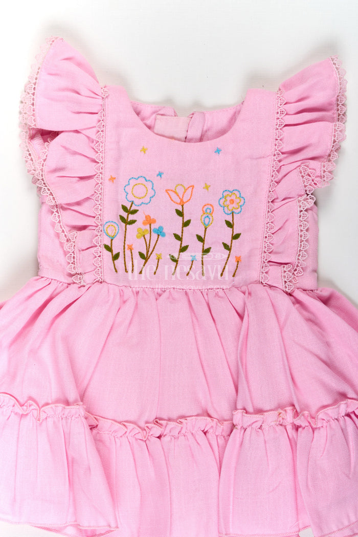 The Nesavu Baby Cotton Frocks Cotton Frock Baby in Light Pink with Floral Thread Embroidery and Ruffled Sleeves Nesavu Nesavu Cotton Frock Baby Light Pink Floral Thread Embroidery Tiered Hem