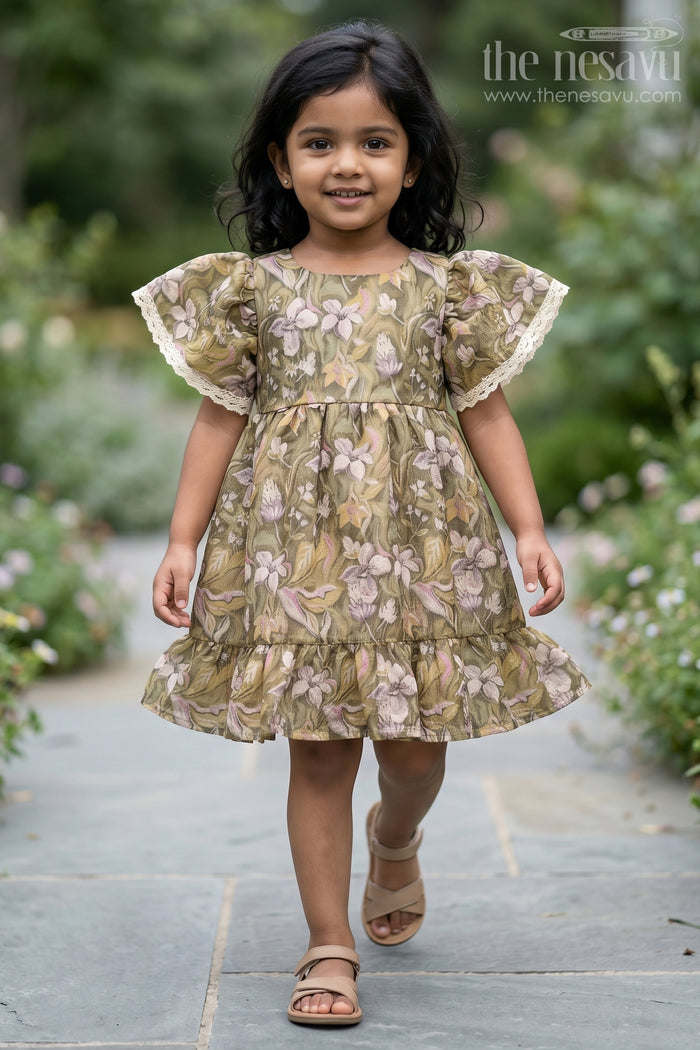 The Nesavu Girls Chanderi Frock Cotton Frock Dress for Women with Floral Tissue Print and Puff Sleeves, Ideal for Festive Family Gatherings Nesavu 18 (2Y) / Green GFC1453B-18 Elegant Cotton Frock Dress Women Floral Print Puff Sleeves Nesavu Perfect Festive Gatherings Family Events