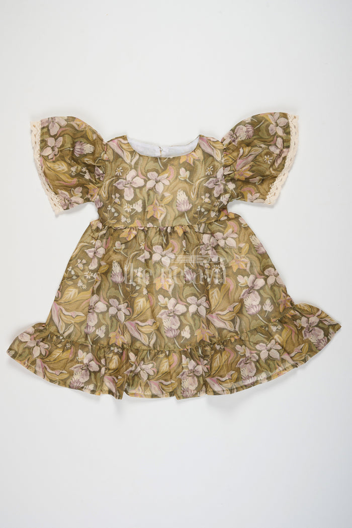 The Nesavu Girls Chanderi Frock Cotton Frock Dress for Women with Floral Tissue Print and Puff Sleeves, Ideal for Festive Family Gatherings Nesavu 18 (2Y) / Green GFC1453B-18 Elegant Cotton Frock Dress Women Floral Print Puff Sleeves Nesavu Perfect Festive Gatherings Family Events