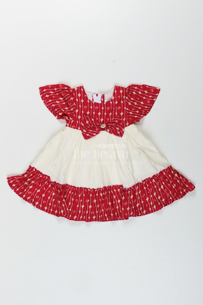 The Nesavu Cotton frock for toddler girls with bow and ruffle hem Nesavu 18 (2Y) / Red GFC1961B-18 Nesavu toddler girls cotton frock bow detail  casual outfit flutter sleeves ruffle hem