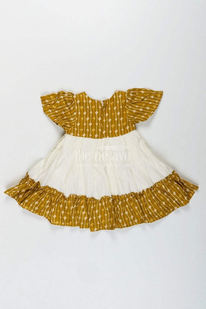 The Nesavu Cotton frock for toddler girls with printed yoke and ruffle hem Nesavu Nesavu toddler girls cotton frock printed yoke  comfortable stylish daily wear
