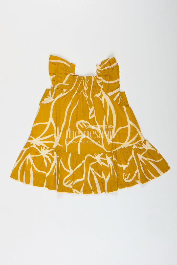 The Nesavu Girls Cotton Frock Cotton Frock with Knot Straps for Baby Girls Nesavu 16 (1Y) / Yellow GFC1852A-16 Nesavu Sleeveless Girls Cotton Frock Knot Shoulders Leaf Print Yellow Digital Fabric
