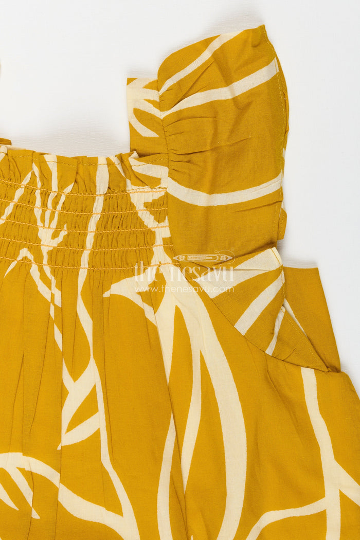 The Nesavu Girls Cotton Frock Cotton Frock with Knot Straps for Baby Girls Nesavu Nesavu Sleeveless Girls Cotton Frock Knot Shoulders Leaf Print Yellow Digital Fabric