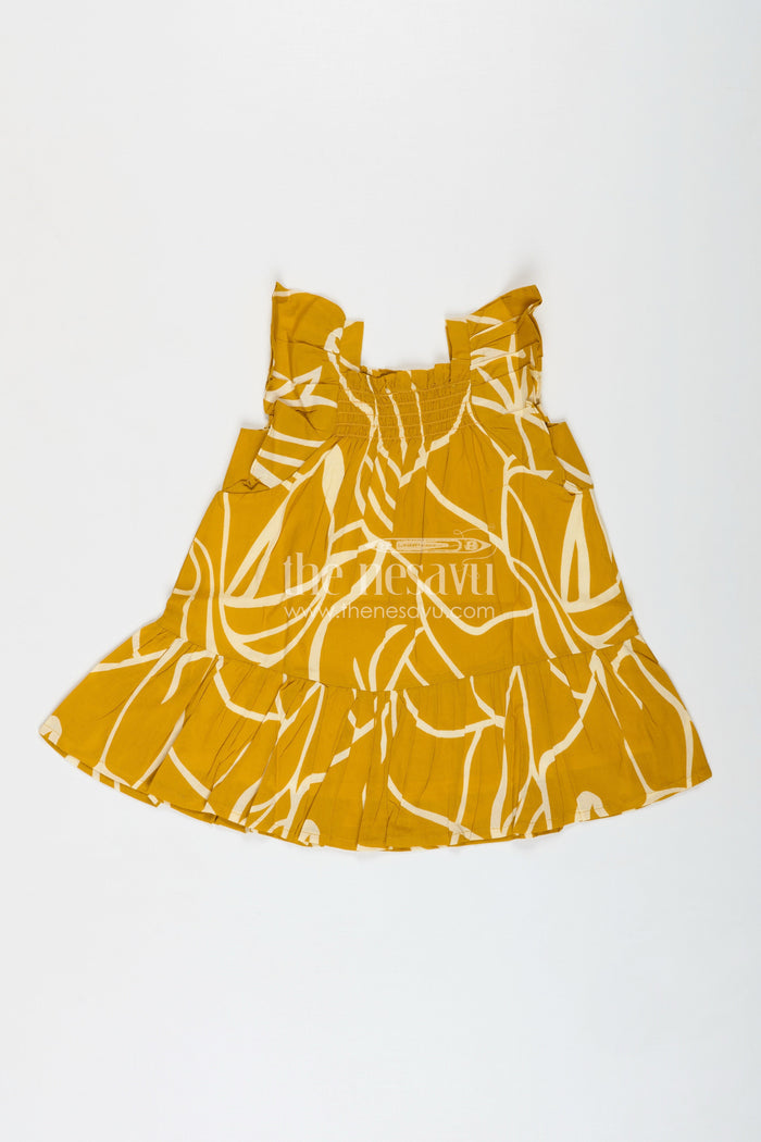 The Nesavu Girls Cotton Frock Cotton Frock with Knot Straps for Baby Girls Nesavu Nesavu Sleeveless Girls Cotton Frock Knot Shoulders Leaf Print Yellow Digital Fabric