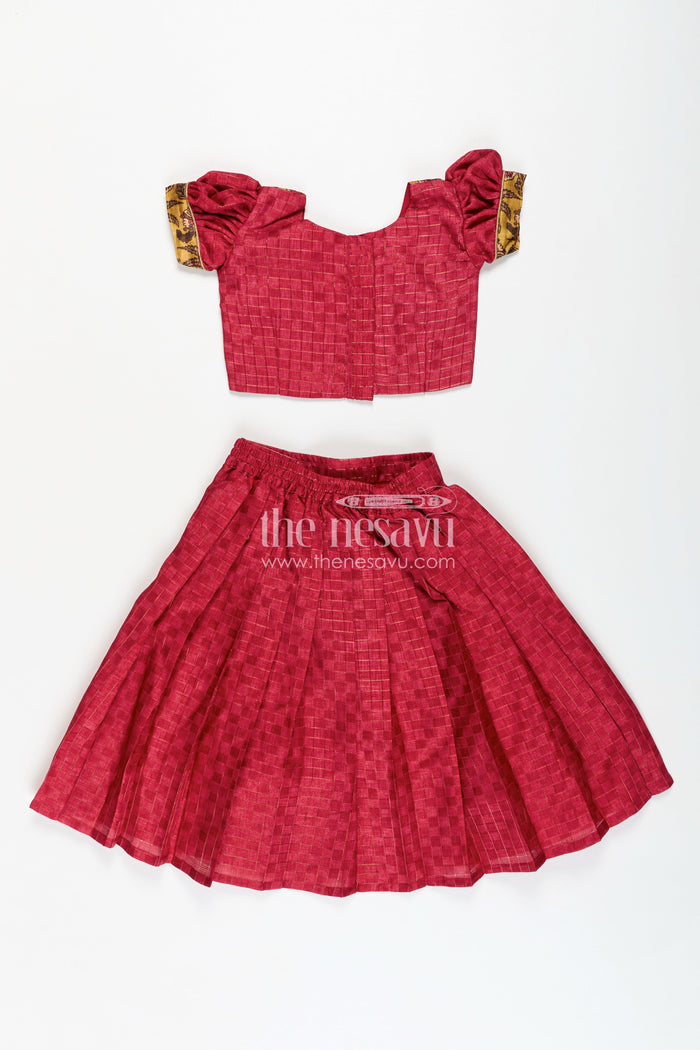 The Nesavu Girls Lehenga Choli Cotton Lehenga Set for Girls in Maroon with Yellow Chanderi Yoke and Floral Detailing Nesavu Nesavu Cotton Lehenga Set Girls Maroon Silk Cotton Skirt Yellow Floral Chanderi Blouse
