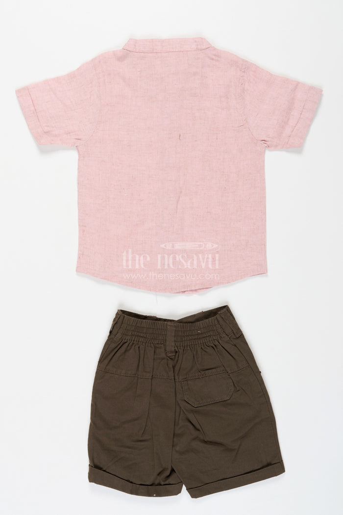 The Nesavu Boys Casual Set Cotton Set for Boys with Pink Thread Embroidered Shirt and Olive Green Shorts in Lightweight Fabric Nesavu Nesavu Cotton Set for Boys with Pink Embroidered Shirt and Olive Shorts in Lightweight Breathable Fabric