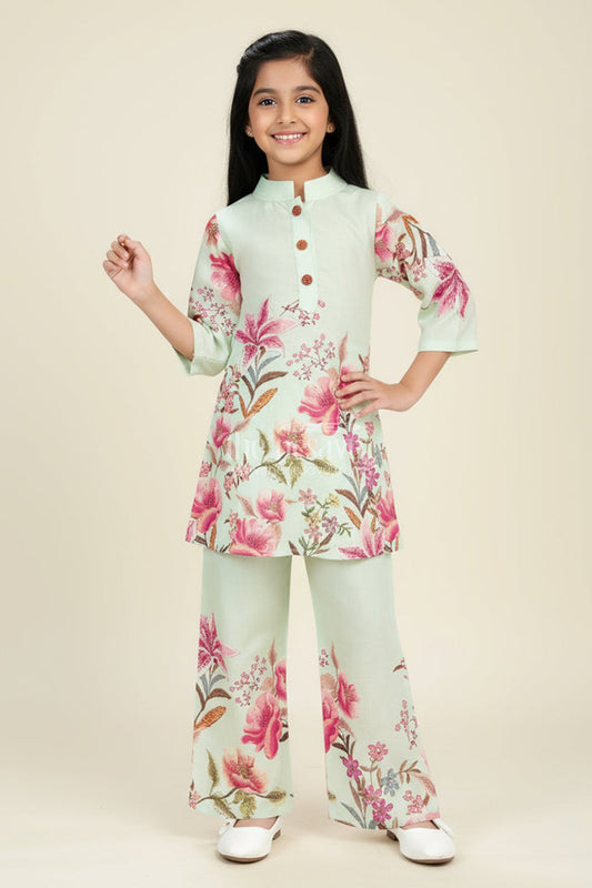 The Nesavu Girls Co-Ord Sets Cotton Sharara Set for Girls with Floral Digital Print Nesavu 24 (5Y) / Green GPS676A-24 Nesavu green floral digital print cotton sharara set for girls breathable festive ethnic wear