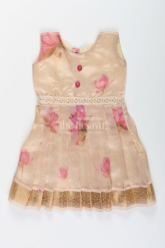 The Nesavu Silk Frock Cream Kora Tissue Silk Frock for Baby Girls Floral Digital Print Design Nesavu 18 (2Y) / Cream SF1065A-18 Kora tissue silk frock baby girls  cream ethnic wear floral digital print