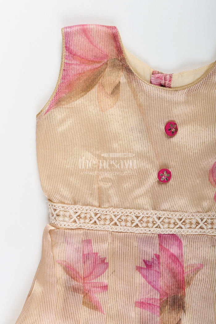 The Nesavu Silk Frock Cream Kora Tissue Silk Frock for Baby Girls Floral Digital Print Design Nesavu Kora tissue silk frock baby girls  cream ethnic wear floral digital print