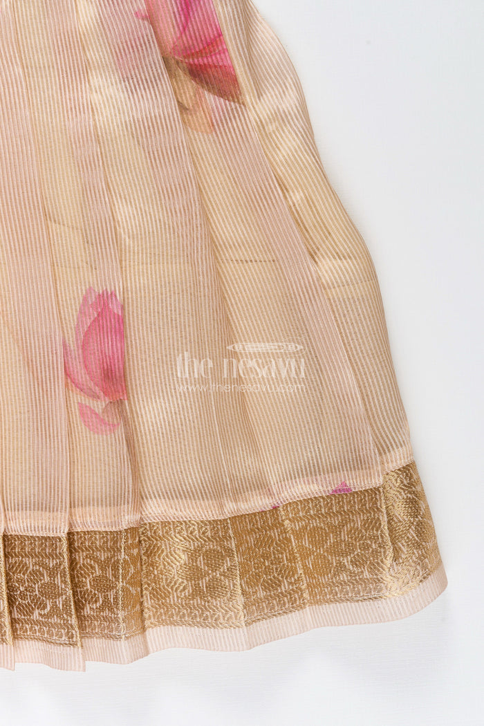 The Nesavu Silk Frock Cream Kora Tissue Silk Frock for Baby Girls Floral Digital Print Design Nesavu Kora tissue silk frock baby girls  cream ethnic wear floral digital print
