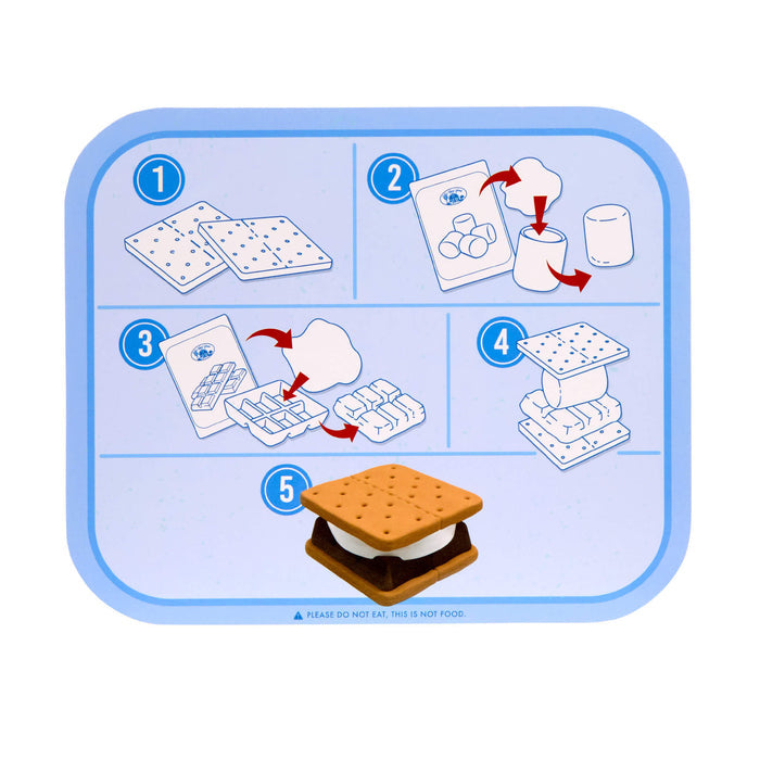 Step-by-step diagram of making a s'mores dessert with marshmallows and graham crackers.