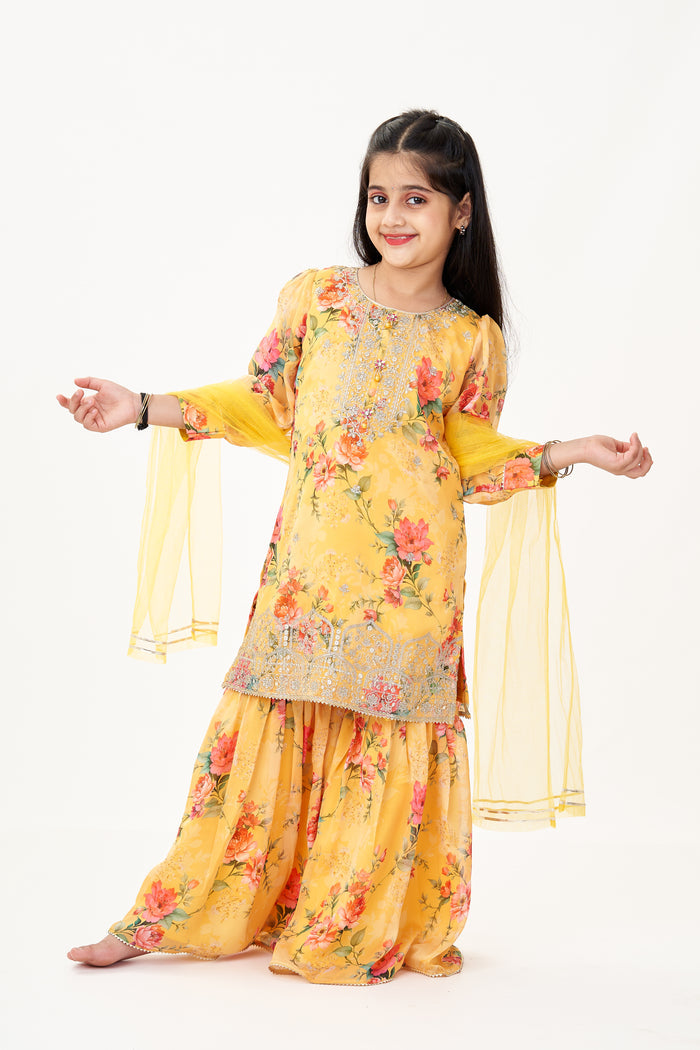 The Nesavu Girls Sharara / Plazo Set Crepe Sharara Set for Girls in Yellow with Floral Digital Print and Sequins Embroidery Nesavu 22 (4Y) / Yellow GPS580A-22 Nesavu Girls Crepe Sharara Set Yellow Digital Floral Prints Sequin Embroidery