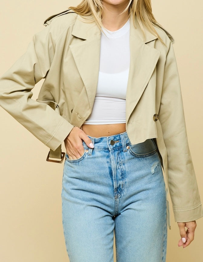 Cropped Belted Trench Jacket- Khaki