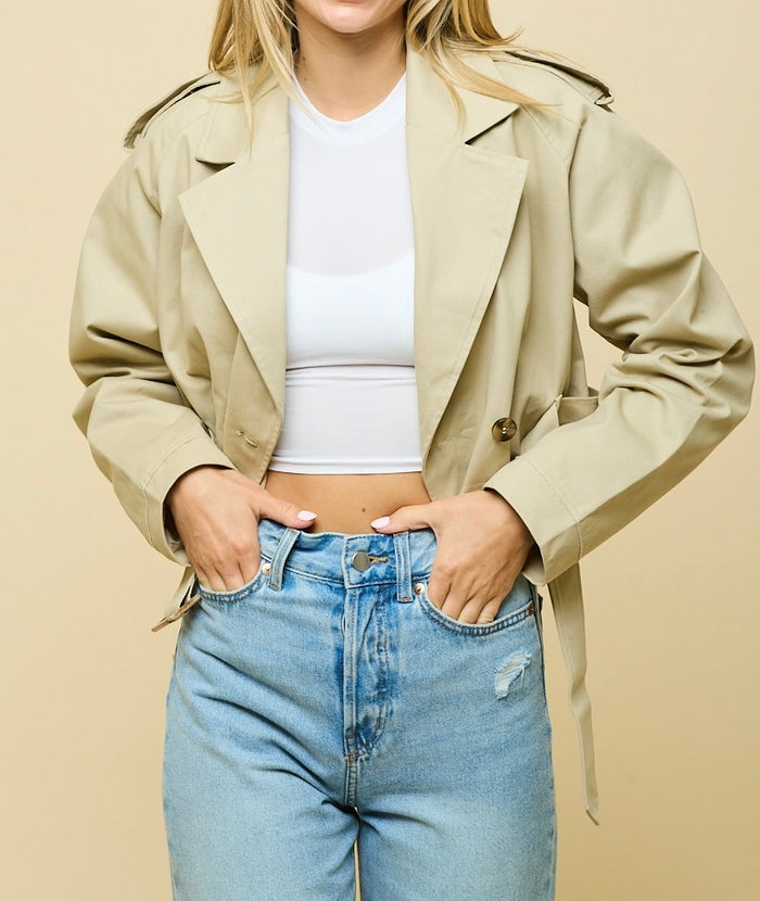 Cropped Belted Trench Jacket- Khaki