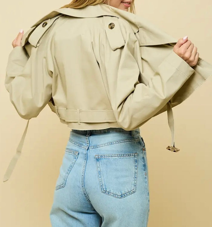 Cropped Belted Trench Jacket- Khaki