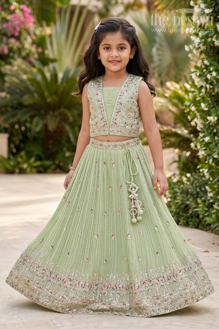 The Nesavu Girls Lehenga Choli Crush Chinon Embroidered Lehenga Choli Online for Girls in Green with Floral Embroidery Nesavu 24 (5Y) / Green GL532B-24 Nesavu Green Lehenga Choli Online Girls Designer Crush Chinon Floral Embroidery Festive Wear