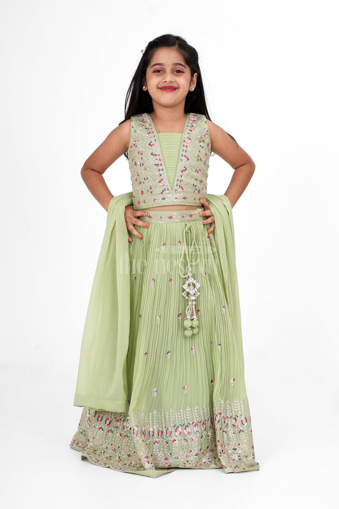 The Nesavu Girls Lehenga Choli Crush Chinon Embroidered Lehenga Choli Online for Girls in Green with Floral Embroidery Nesavu Nesavu Green Lehenga Choli Online Girls Designer Crush Chinon Floral Embroidery Festive Wear