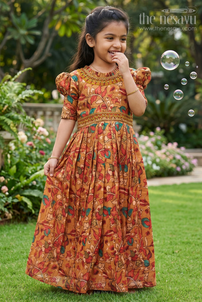 The Nesavu Girls Silk Gown Cultural Splendor Embellished Anarkali Gown for Girls- Traditional Festive Attire Nesavu 16 (1Y) / Yellow / Blend Silk GA203A-16 Girls Beaded Floral Anarkali Dress | The Nesavu