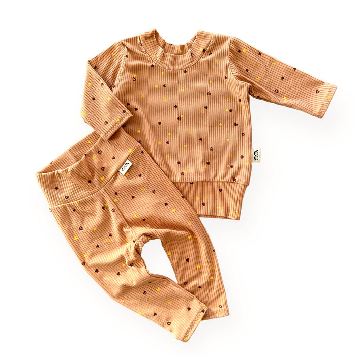 Dainty Hearts on Camel Ribbed Lounge Set