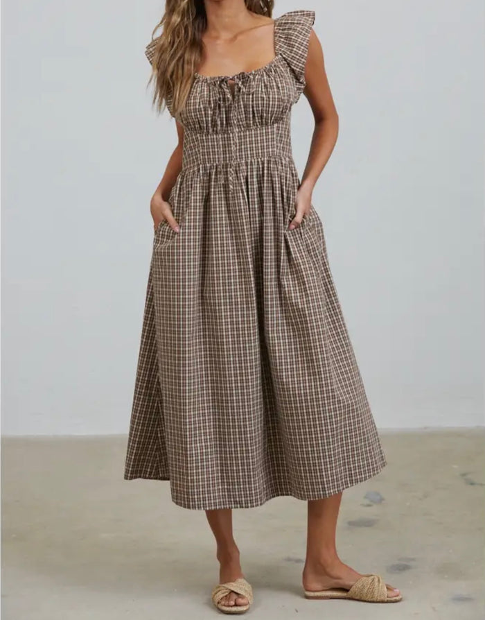 Dakota Checked Ruffle Midi Dress - Cocoa Plaid