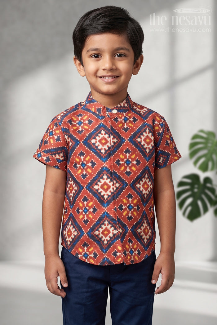 The Nesavu Boys Silk Shirt Dapper Silk Patola Boys' Shirts: Elevate His Style for Memorable Events Nesavu 14 (6M) / Orange / Silk Blend BS048B-14 Silk Patola Boys Shirts | The Nesavu