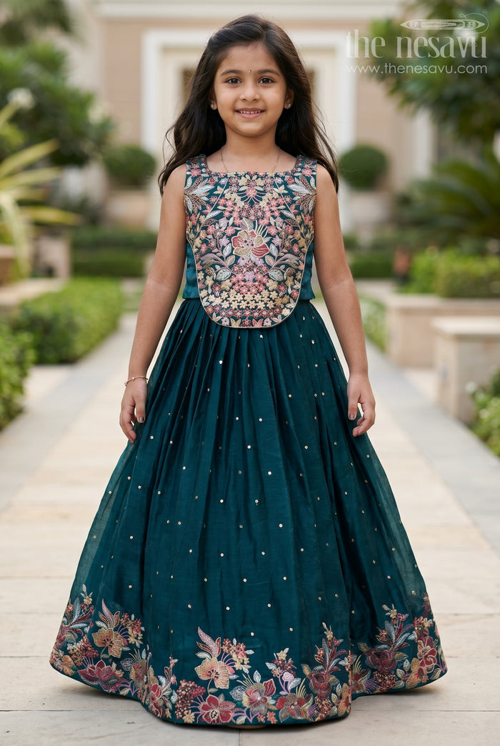 The Nesavu Girls Lehenga Choli Dark Green Chinon Silk Girls Lehenga Choli with Designer Embroidery for Weddings and Special Events Nesavu 24 (5Y) / Green GL539A-24 Nesavu Dark Green Chinon Silk Lehenga Choli Girls Designer Embroidery Perfect Weddings Festive Events